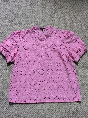 J. Crew Pink Split-Neck Embroidered Eyelet Short Puff Sleeve Blouse